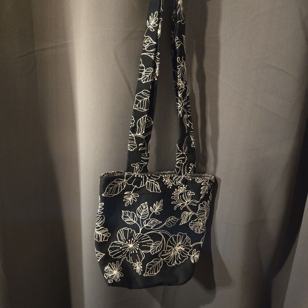 Black & White Floral Purse Bag Tote, 15" Handles, 11" X 9"